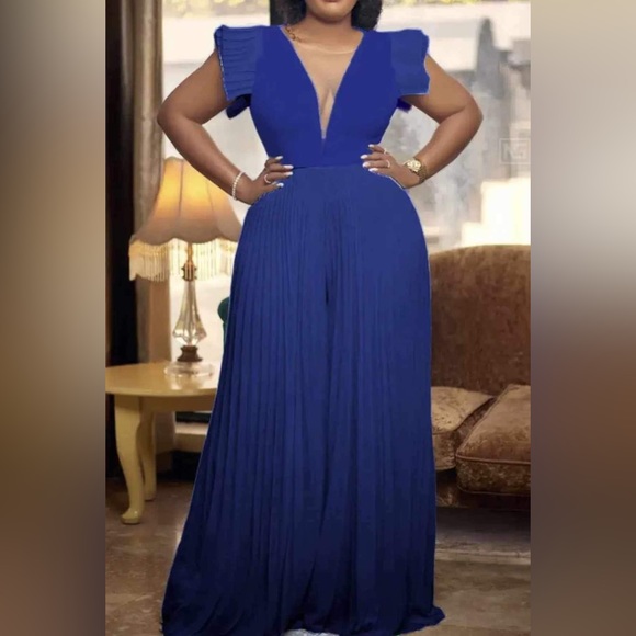 Blue Sexy Elegant Solid Patchwork V Neck Evening Dress Plus Size Dresses - Picture 2 of 7